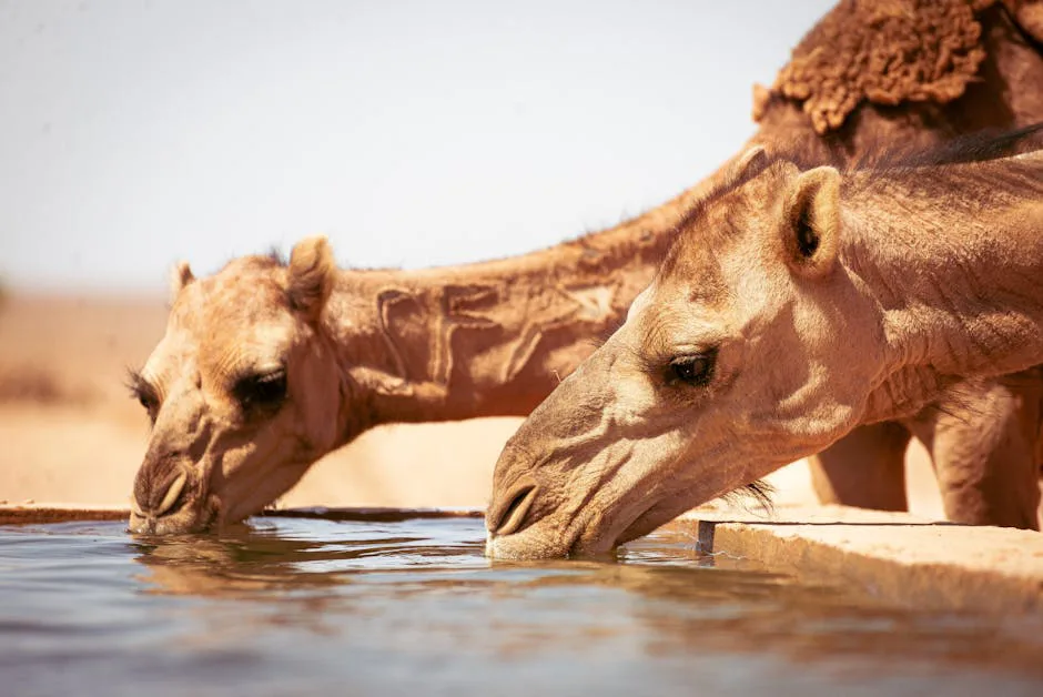 Close-up of camels drinking at a water trough in the Algerian desert.