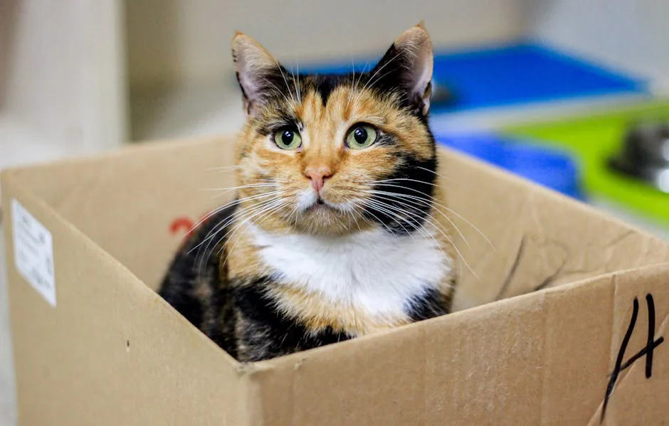 Foto: Natalia Sevruk / pexels Cute calico cat comfortably nestled inside a cardboard box indoors.