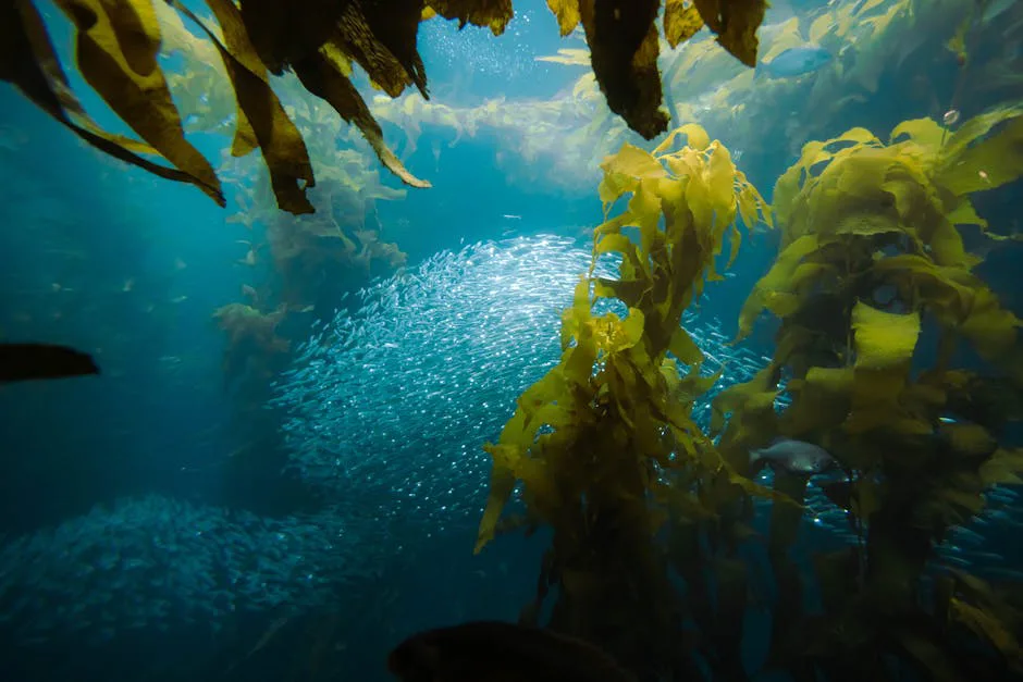 Vibrant underwater scene of a school of fish swimming through a lush kelp forest, showcasing marine biodiversity.